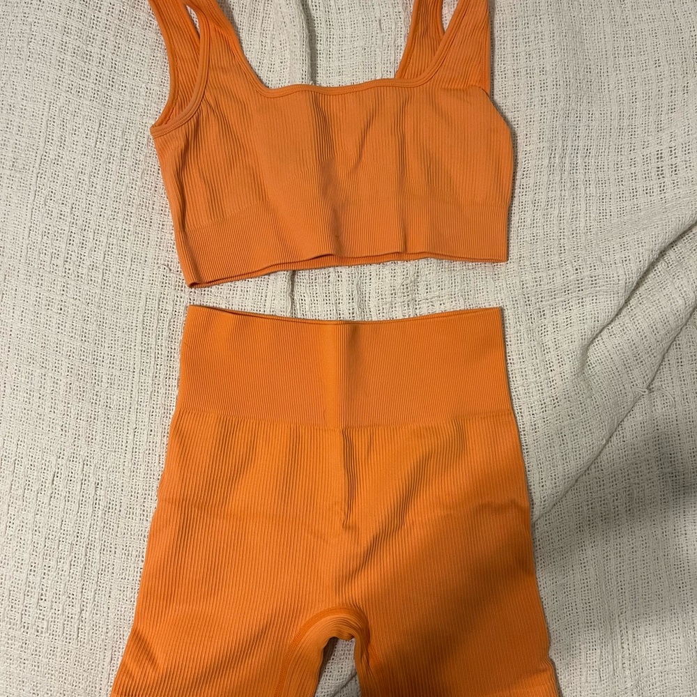 Orange Ribbed Crop Top and Shorts Set